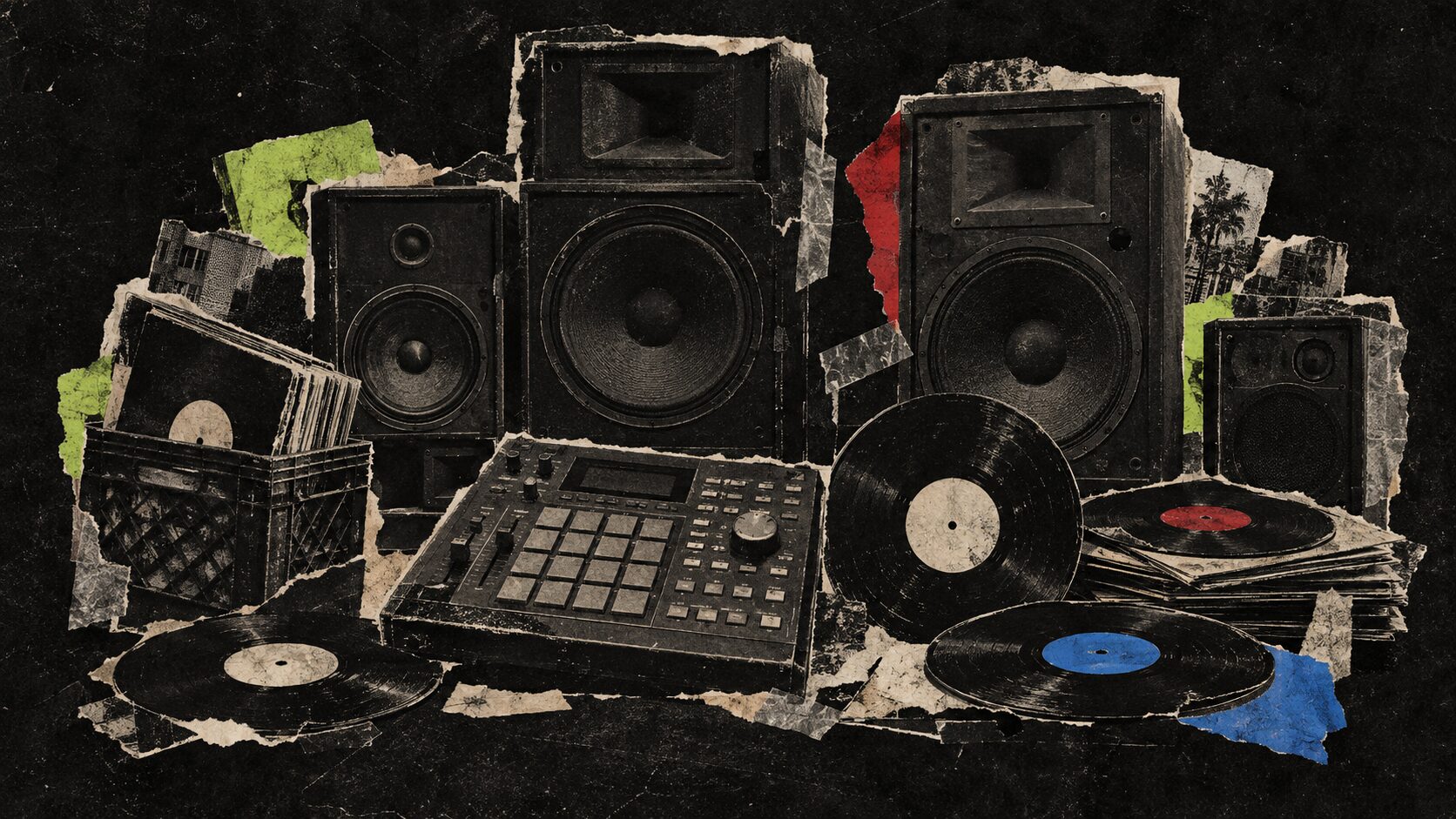 Hand-cut collage of sound system speakers, MPC and vinyl records